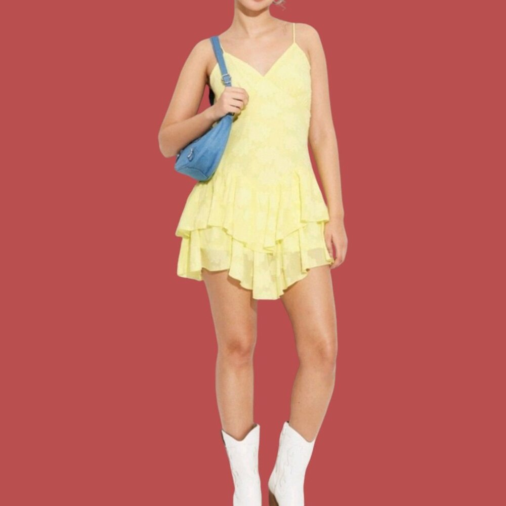 Wild Fable - Women's Triangle Cup V-Neck Tie Red Mini Skater Dress - Yellow - S